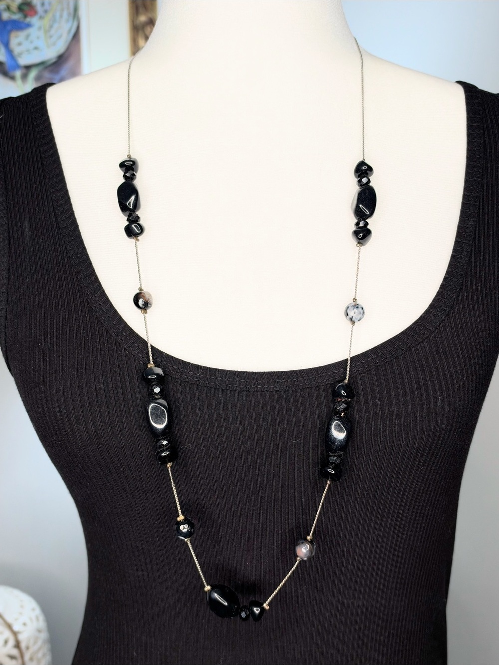 Black Stone Mixed Bead Long Necklace Silver Tone Boho Statement